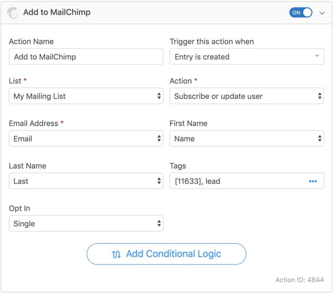 formidable forms mailchimp form actions configuration