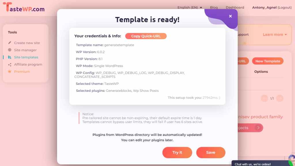 tastewp site template