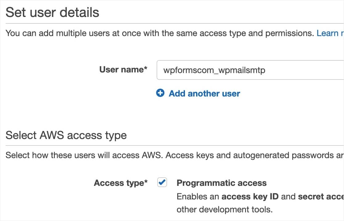 add new iam user and set access type in amazon aws