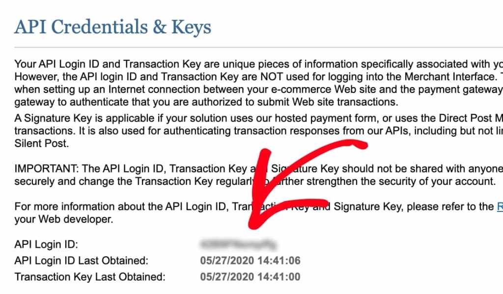 authorize.net api credentials and keys page